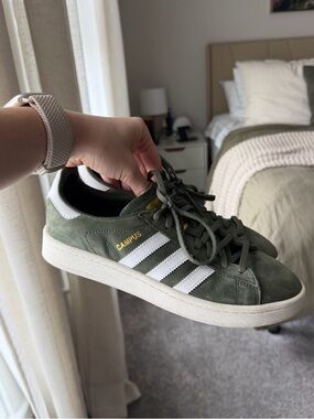 adidas Campus Suede Sneakers in Olive Green & White with Gold Accent